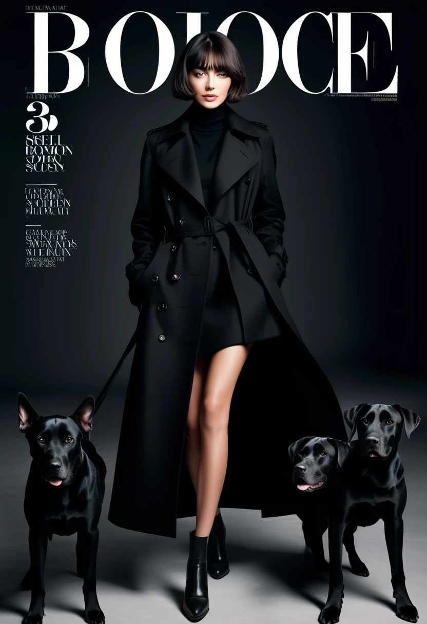 Magazine design,Fashion magazine cover,Black trench coat,Short hair girl,Handsome,1 big black dog