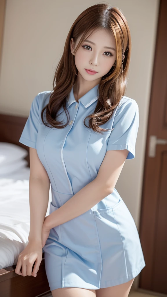 (masterpiece, Highest quality:1.2),alone,The eyes are exquisite and delicate,Long auburn hair、Pink Lips,blue eyes,Big Breasts、Wavy Hair、White nurse uniform、Japanese