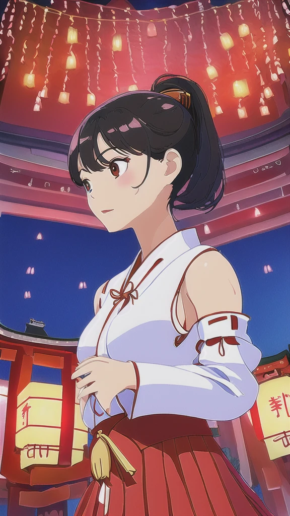 1girl (miko clothes, white sleeves, long scarlet skirt,many head accessories:1.5) (cute,solemn,bare face,big eyes:1.4) straight hear, black hair, long hair, ponytail BREAK (small breasts) cowboy shot,profile, looking forward (ceremony in shrine, in night, japanese paper lanterns in background:1.4) BREAK japanese, japanese idol, black eyes, (best quality, ultra high res, Realistic, RAW photo, real person, portrait photography, photorealistic, detailed skin, fair skin, beautiful detailed eyes) 