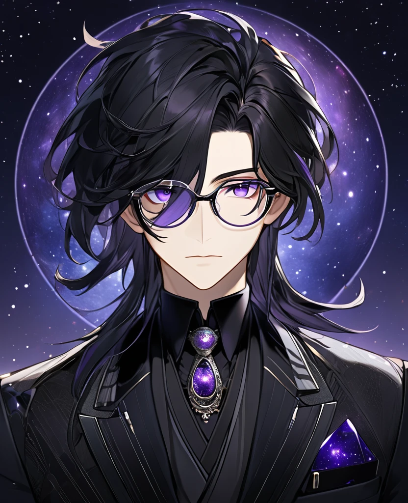 (black_hair), (long_male_hair), (deep_purple_eyes), (detailed_eyes), (attractive), (emotionless), (Deep_space_background), (male), (wearing _a_black_suit), (long_male_hair), (detailed_Hair), (detailed), (detailed_mouth), (mysterious), (complicated), (wears_transparent_glasses), (glasses_shape_square)
