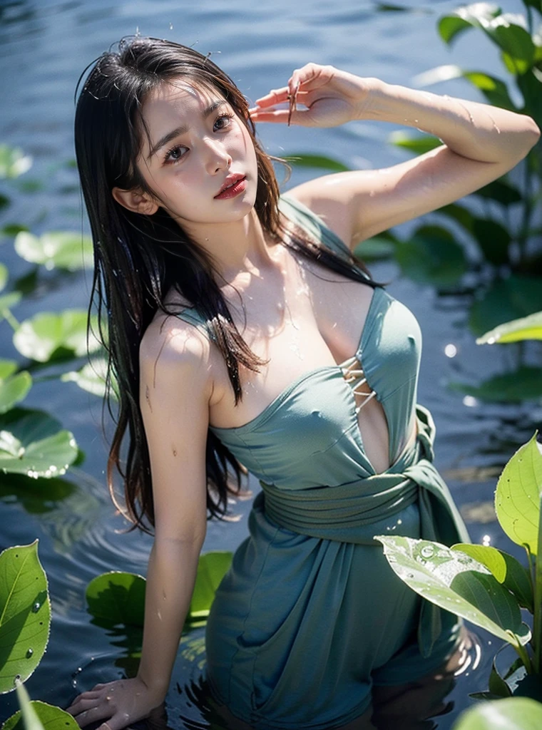 Masterpiece, Best Quality, (Best illustration), (Best Shade) Cute girl in the sea throws her head back, wet hair, (waist deep in water:1.5), sunset, long loose hair, splashes, drops, there is a woman that is holding a plant in her hand, color film photography 1970s, retro 1 9 7 0 s kodachrome, may 6 8, vintage color photo, hippie and boho fashion 1970s, color 1970, photo from the 70s, photo from the 7 0 s