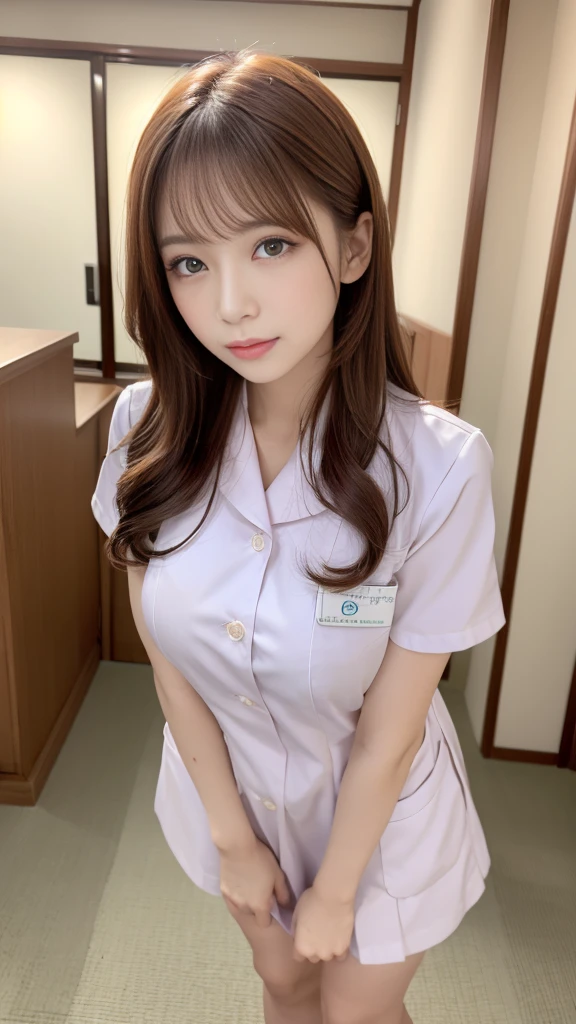 (masterpiece, Highest quality:1.2),alone,The eyes are exquisite and delicate,Long auburn hair、Pink Lips,blue eyes,Big Breasts、Wavy Hair、White nurse uniform、Japanese