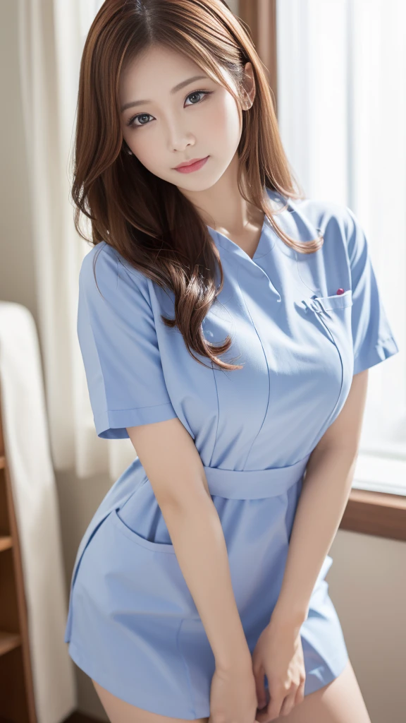 (masterpiece, Highest quality:1.2),alone,The eyes are exquisite and delicate,Long auburn hair、Pink Lips,blue eyes,Big Breasts、Wavy Hair、White nurse uniform、Japanese