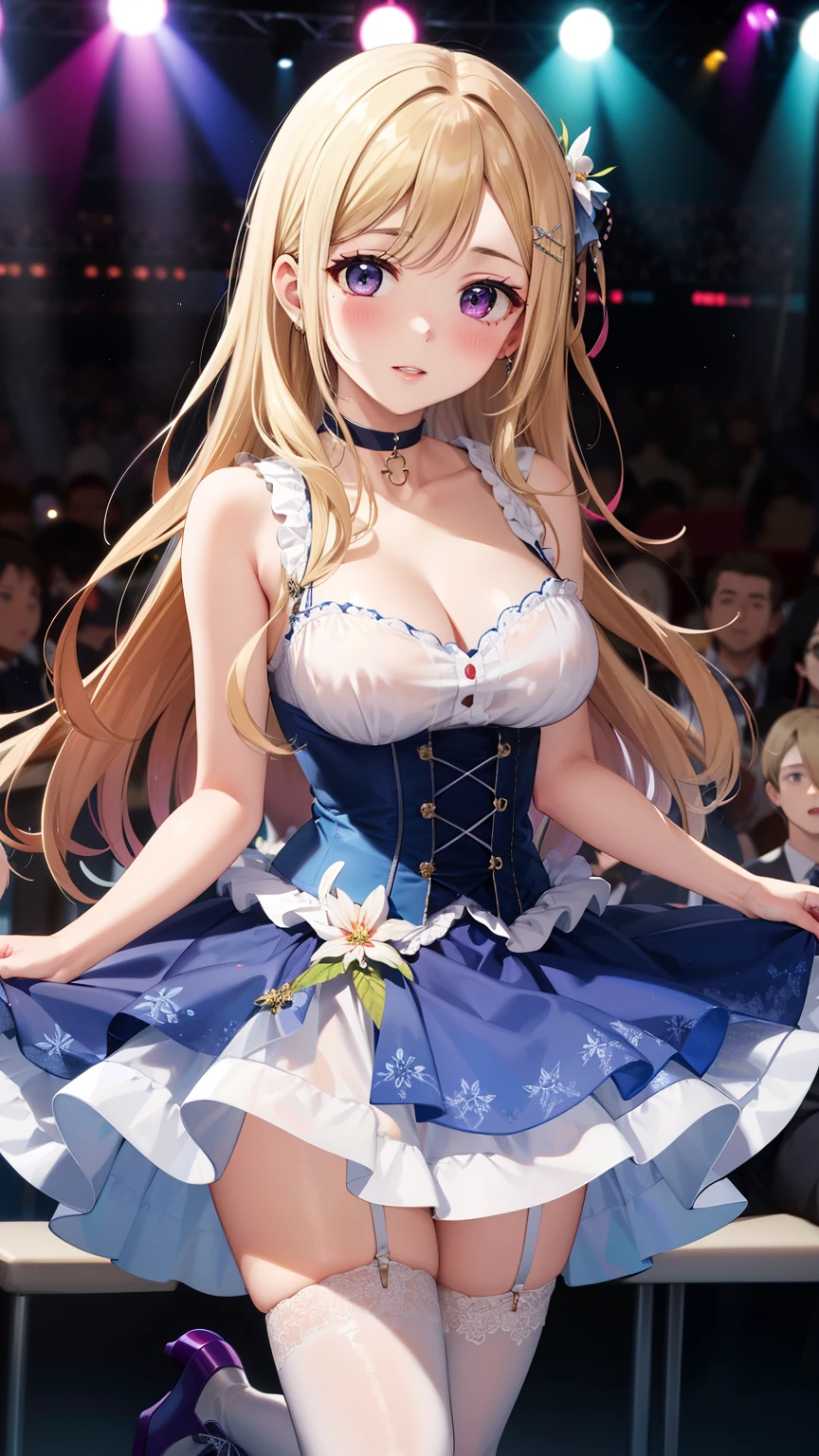masterpiece, best quality, highly detailed, ultra high res, ayase arisa, kitagawa marin, 1girl, solo, hair ornament, flower in hair, blonde hair, glossy lips, full lips, sleeveless idol dress, very puffy skirt, flared skirt, pink thigh highs, white heeled boots, crowd, audience, (see-through skirt:1.2), cleavage, choker