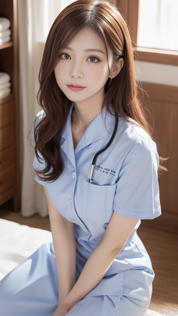 (masterpiece, Highest quality:1.2),alone,The eyes are exquisite and delicate,Long auburn hair、Pink Lips,blue eyes,Big Breasts、Wavy Hair、White nurse uniform、Japanese