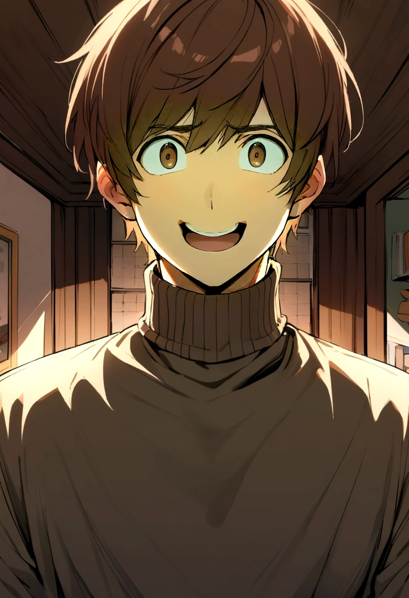 1 male, short brown hair, brown eyes, wearing a turtle neck shirt, trousers, looking at viewer, Excited facial expression