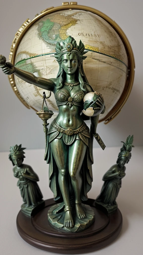 the sculpture of the goddess of justice Temis, holding the globe with a map of Brazil in her right hand and a Cannabis leaf in her other left hand
