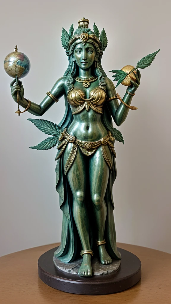 the sculpture of the goddess of justice Temis, holding the globe with a map of Brazil in her right hand and a Cannabis leaf in her other left hand