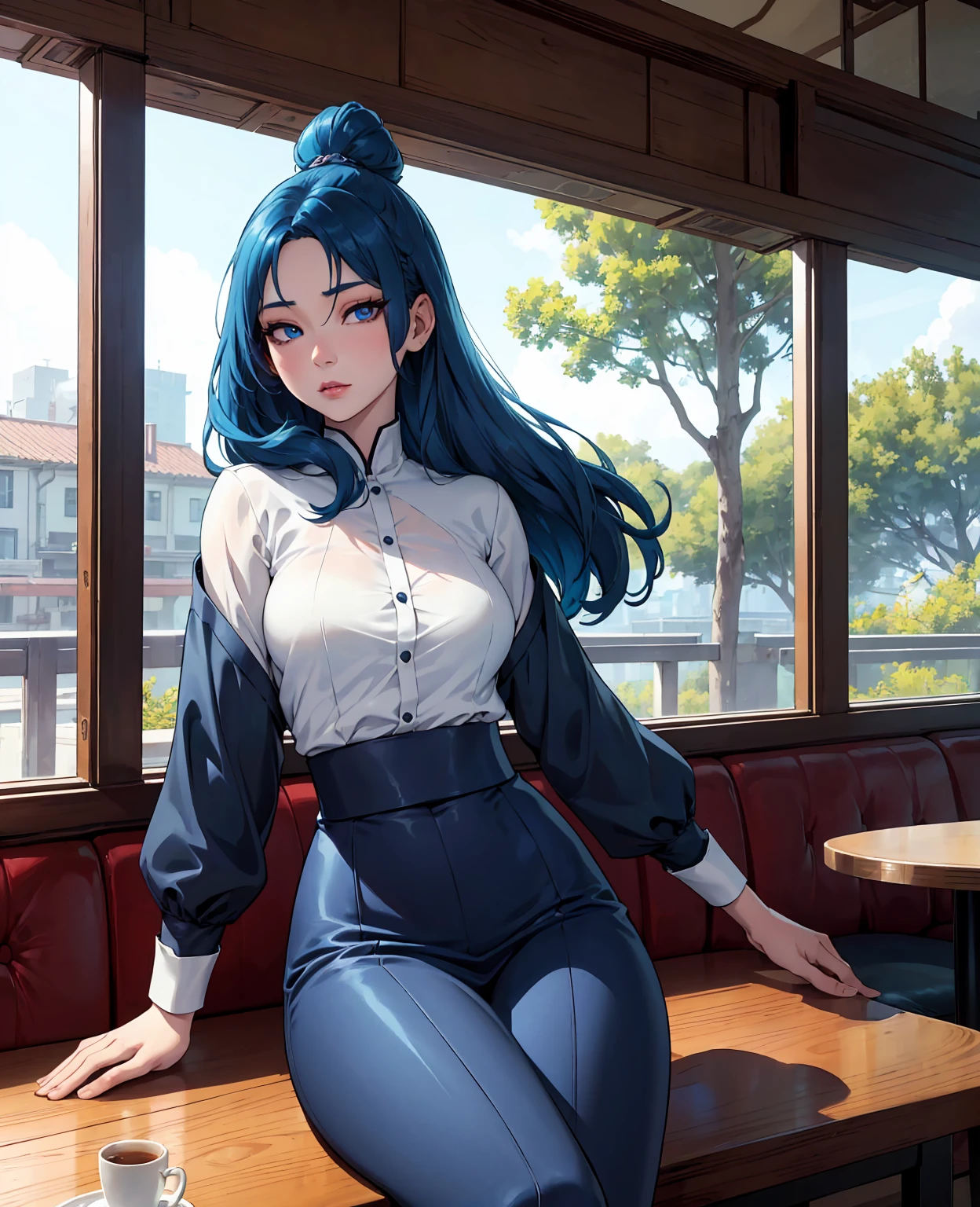 photo of leegahyeon korean woman in cafe sitting at table holding coffee window sunlight, blue hair, dynamic pose, skin texture, pale skin, shiny skin, (slim, petite:1.2), [:(sharp focus on face, detailed face, perfect eyes, looking at viewer:1.2):0.2], photorealistic, film grain, best quality, masterpiece 