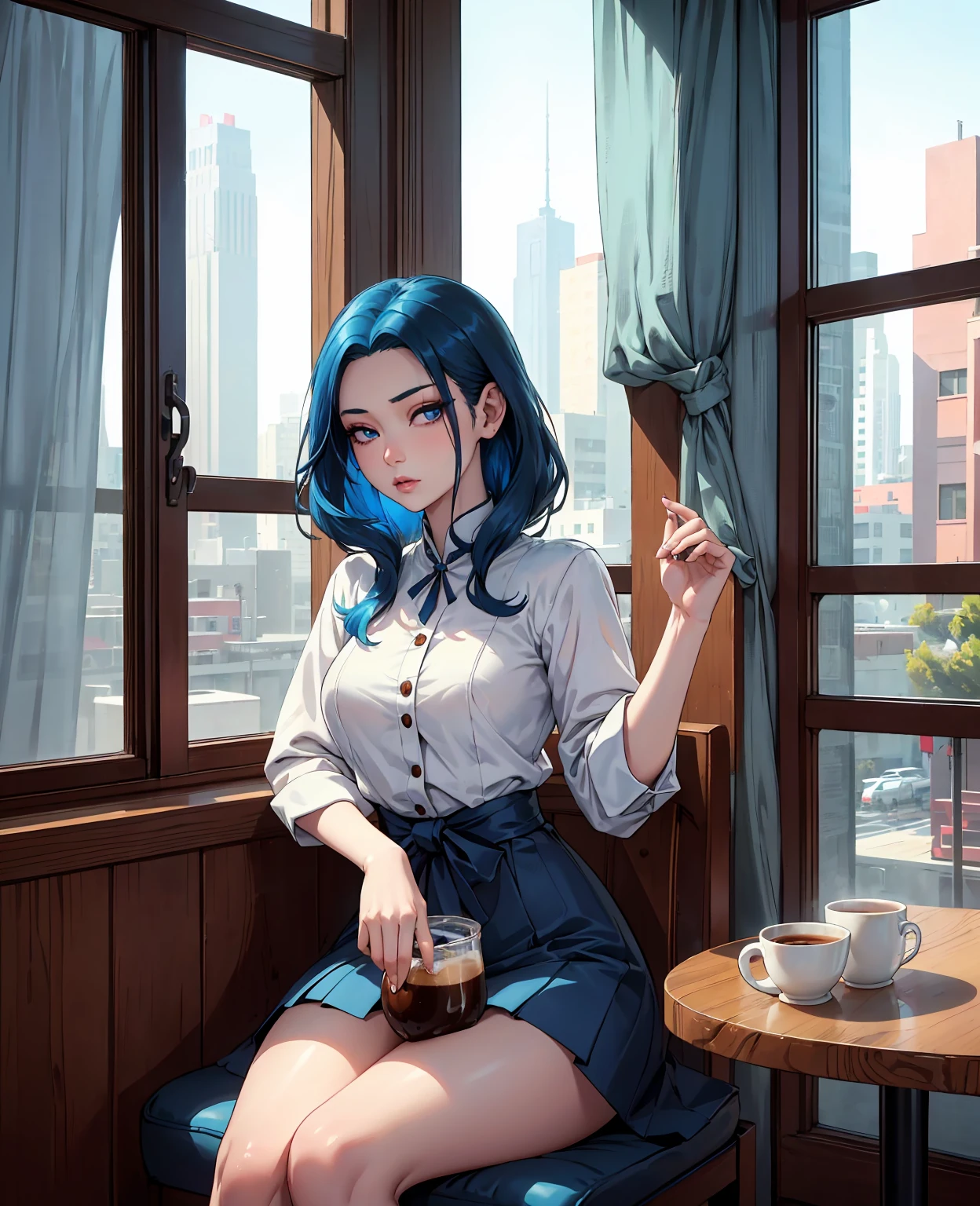 photo of leegahyeon korean woman in cafe sitting at table holding coffee window sunlight, blue hair, dynamic pose, skin texture, pale skin, shiny skin, (slim, petite:1.2), [:(sharp focus on face, detailed face, perfect eyes, looking at viewer:1.2):0.2], photorealistic, film grain, best quality, masterpiece 