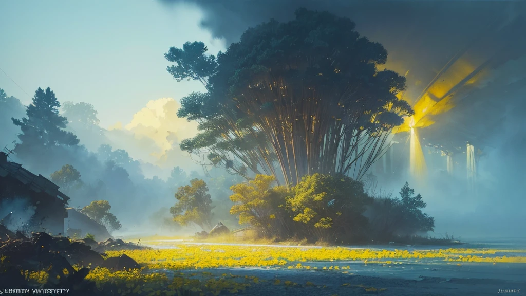 32k, Masterpiece, Highest quality, One girl, Brown Hair, Detailed eyes, flower,Dahlia, Light blue and yellow style,A dreamy, romantic piece,Pale yellow, Mysterious Leaves,A playful arrangement,Fantasy,High Contrast,Ink strokes,explosion,Exposure, Impression of light blue and yellow tones,Abstract,((Watercolours by John Berkey and Jeremy Mann )) Brush strokes,Negative Space, Tyndall effect,