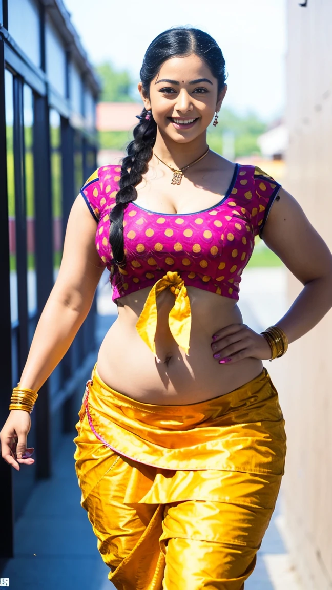 HD wallpaper 32k cinematic shoot of a Beautiful cute Rashmika Mandanna, with thick thighs and a curvy waist, twin braids, wearing an Indian blouse top, horny, seductively, in a school corridor, dotted blouse top, smiling, ((long curvy waist)), ((lowwaist)), ((curvy waist))