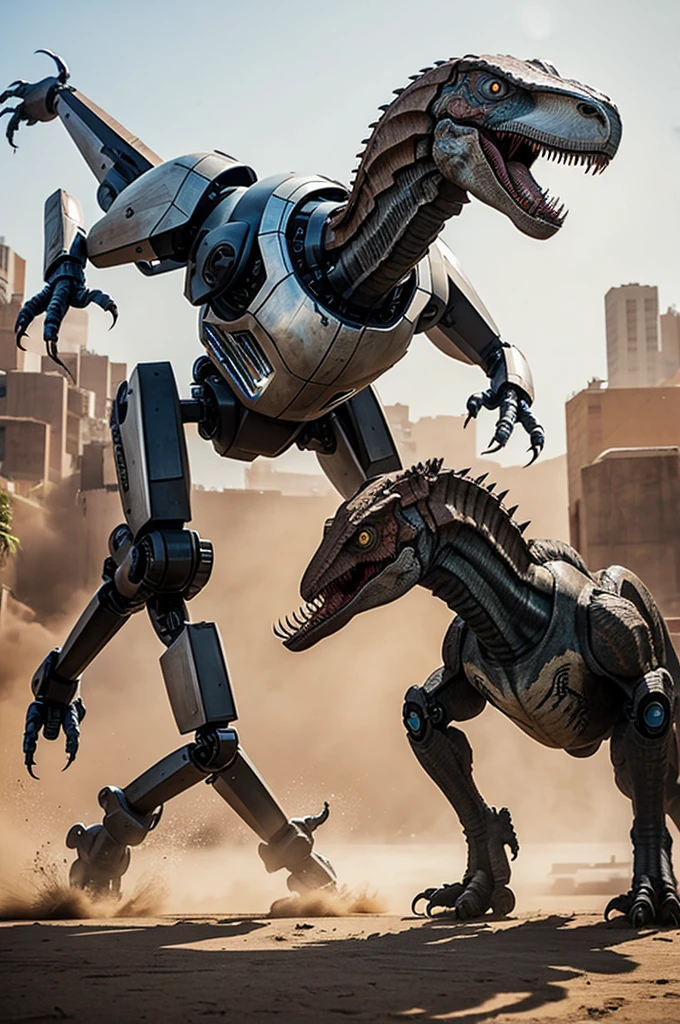 A robot fighting a Velociraptor 