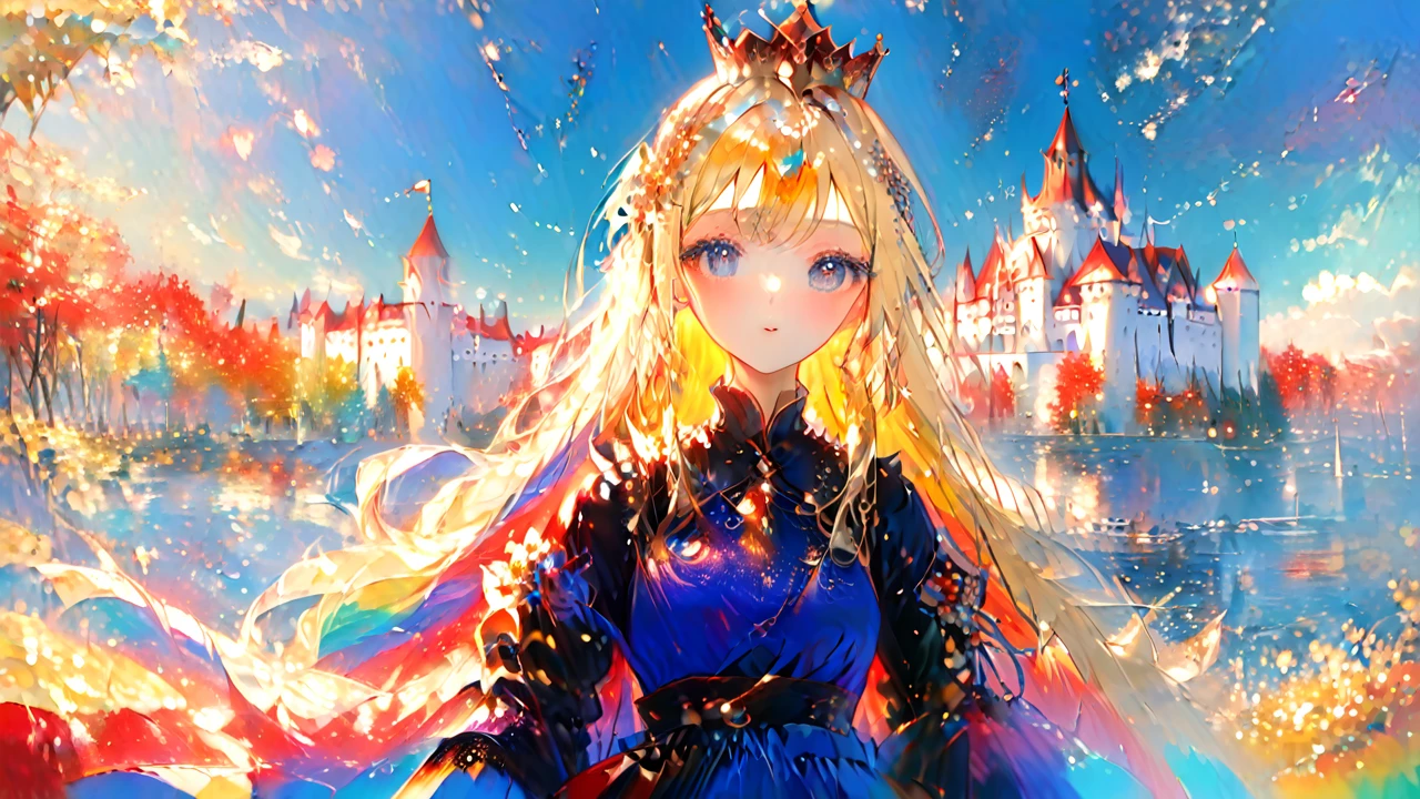 A highly detailed anime-style portrait of a princess knight with a clear and defined facial outline. She is wearing intricate, ornate armor with gold and silver accents, and a flowing royal blue cape. Her long, flowing hair is a shimmering platinum blonde, adorned with a delicate tiara. She stands confidently with a majestic sword in one hand and a shield emblazoned with a royal crest in the other. Her facial features are sharp and expressive, with striking, large eyes and a determined expression. The background is a grand medieval castle with banners fluttering in the wind, under a bright blue sky with a few fluffy clouds. The scene is vibrant and richly colored, capturing the essence of a fantasy realm.