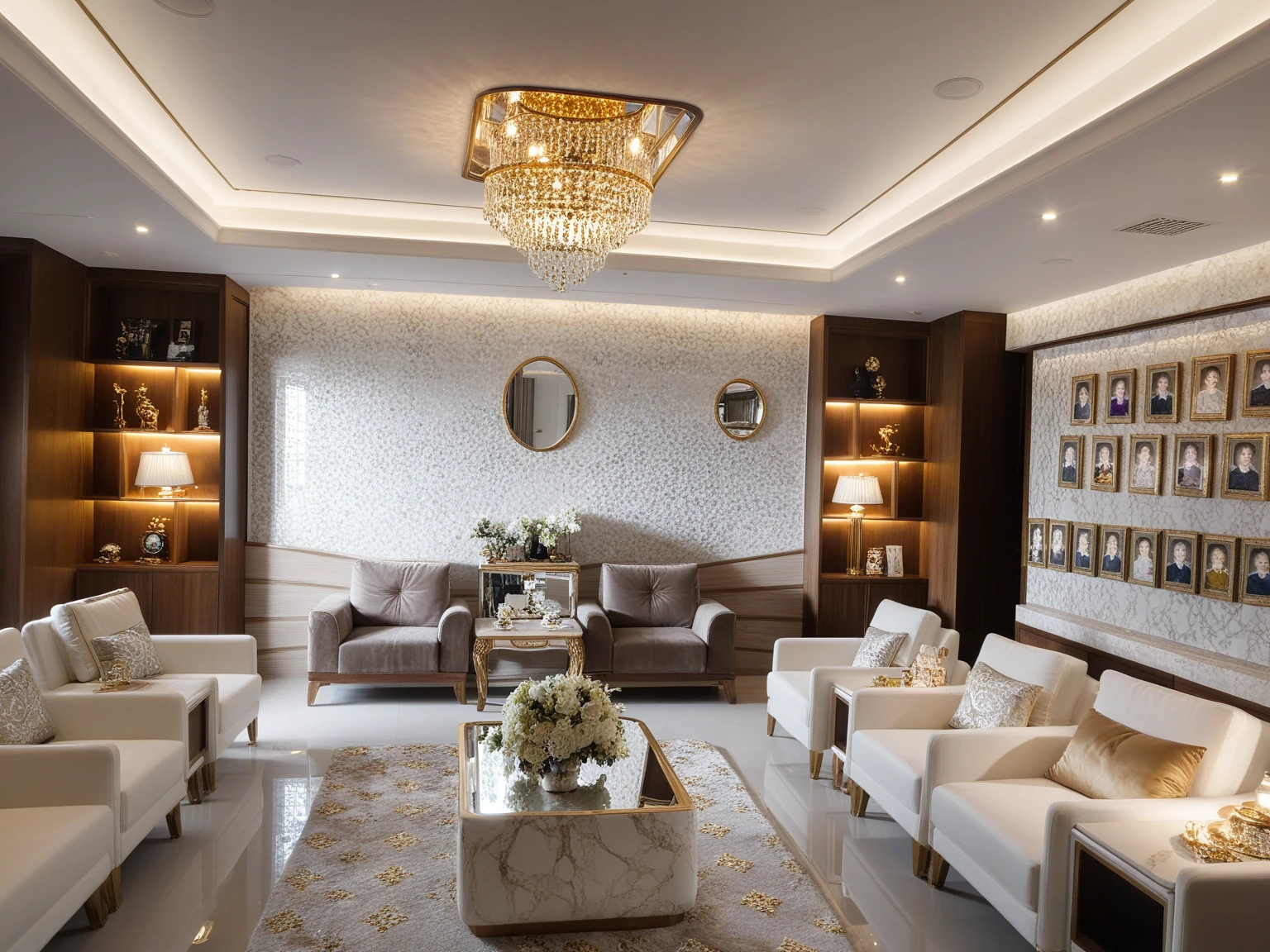 ,Masterpiece, Best quality,8K, Ultra-high resolution,When you step into the (living: 1.1) ,Immediately surrounded by a rich atmosphere of luxury. The space  was covered with a soft white fluffy blanket,It is so comfortable,So much so that you can't help but indulge in it。Embellished with precious porcelain and white-off gold ornaments。Whenever it is late afternoon,The afterglow from the window spilled on the floor,Soft light and shadow are reflected,It was as if entering a dreamland. ((Wooden chair and table : 1.3)), ((COLUMN MIRROR : 1.3))