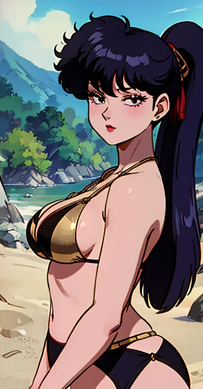 KodachiKunou, A gentle face、armored bikini、Side Tail、Gold Necklace、valley、8K,high resolution、Sandy Beach、whole body、Fantasy