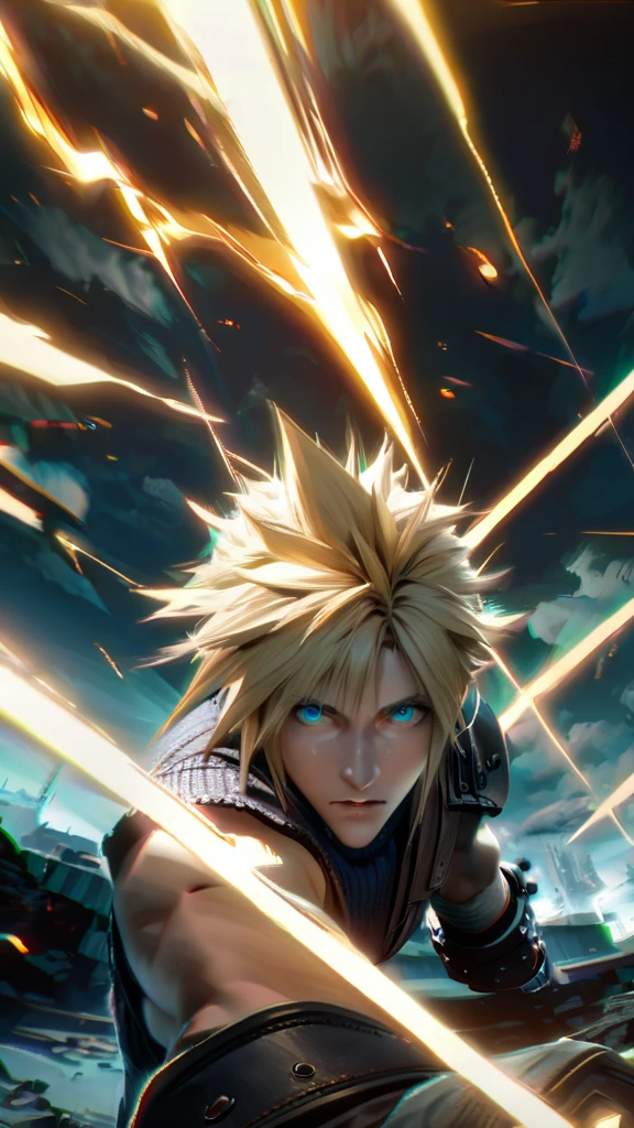Symetrical,absurdres, highres, ultra detailed, HDR, masterpiece, extremely detailed face and eyes, Cloud Strife,final fantasy 7, yellow hair , , solo, man, handsome, ,, ,Epic fight scene, yellow lightning effect, glowing glitters, symetrical ,