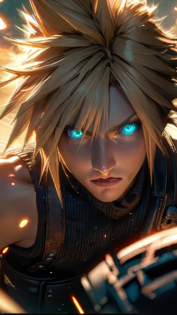 Symetrical,absurdres, highres, ultra detailed, HDR, masterpiece, extremely detailed face and eyes, Cloud Strife,final fantasy 7, yellow hair , , solo, man, handsome, ,, ,Epic fight scene, yellow lightning effect, glowing glitters, symetrical , 