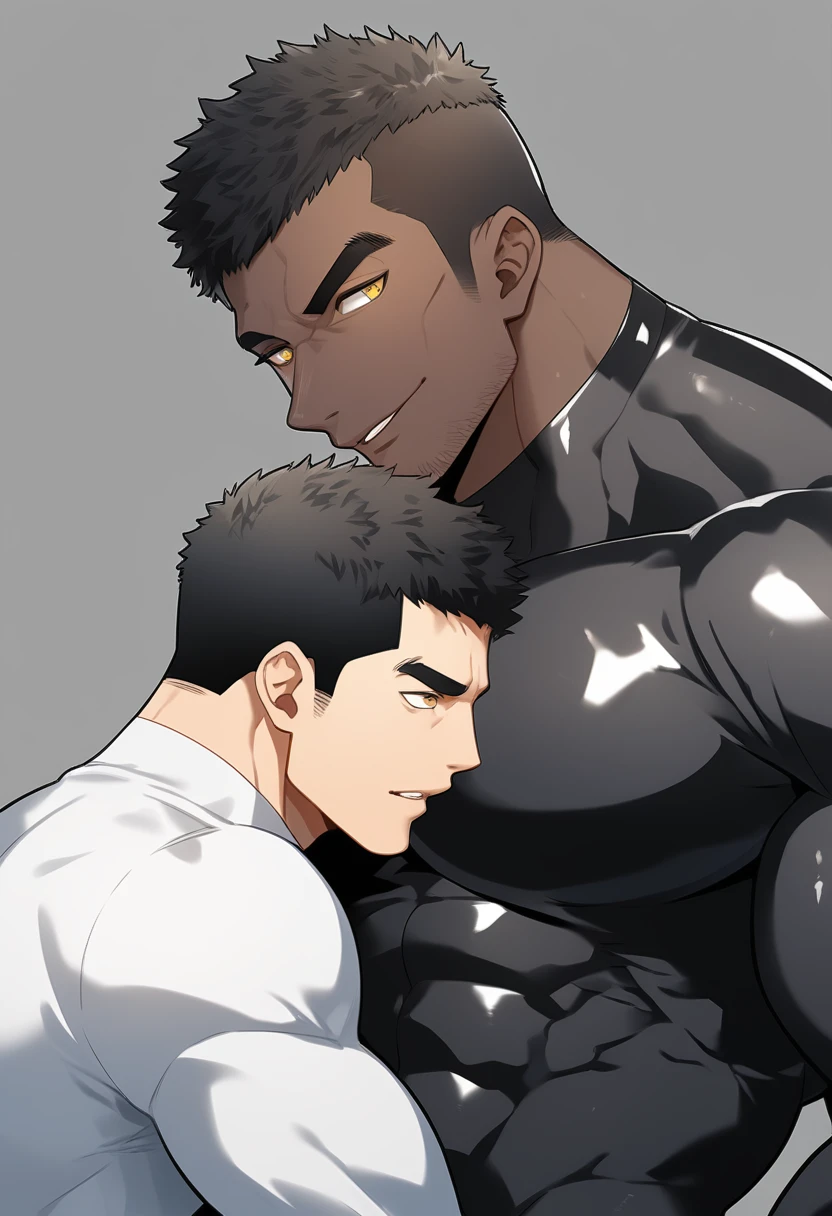 anime characters:Two superheroes in tights, Muscle superhero, negro black skin, They hugged and kissed each other, Bite your neck, Caress, Manliness, male focus, Yellow and black high collar long sleeve tight T-shirt, Slightly transparent material, Very tight, Round, full and perky chest muscles, Male dog waist, Slightly transparent, muscular male, muscular, only, Upper body, alone, Black short hair, Thick eyebrows, stubble, Yellow eyes, Grey background, simple background, amazing quality, best aesthetics, Ridiculous, bright pupils, crew cut, parted lips, seductive smile, torogao, naughty face, drop shadow, best quality