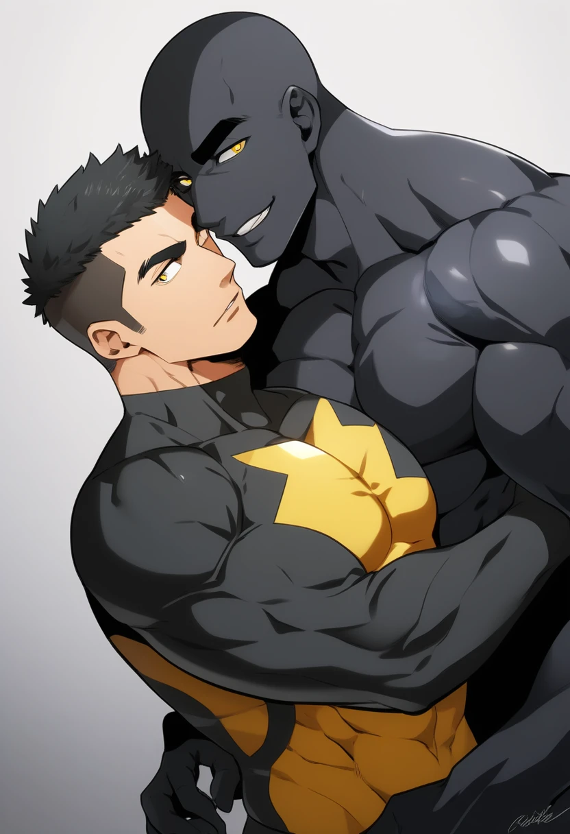 anime characters：Two superheroes in tights, Muscle superhero, negro black skin, They hugged and kissed each other, Bite your neck, Caress, Manliness, male focus, Yellow and black high collar long sleeve tight T-shirt, Slightly transparent material, Very tight, Round, full and perky chest muscles, Male dog waist, Slightly transparent, muscular male, muscular, only, Upper body, alone, Black short hair, Thick eyebrows, stubble, Yellow eyes, Grey background, simple background, amazing quality, best aesthetics, Ridiculous, bright pupils, crew cut, parted lips, seductive smile, torogao, naughty face, drop shadow, best quality