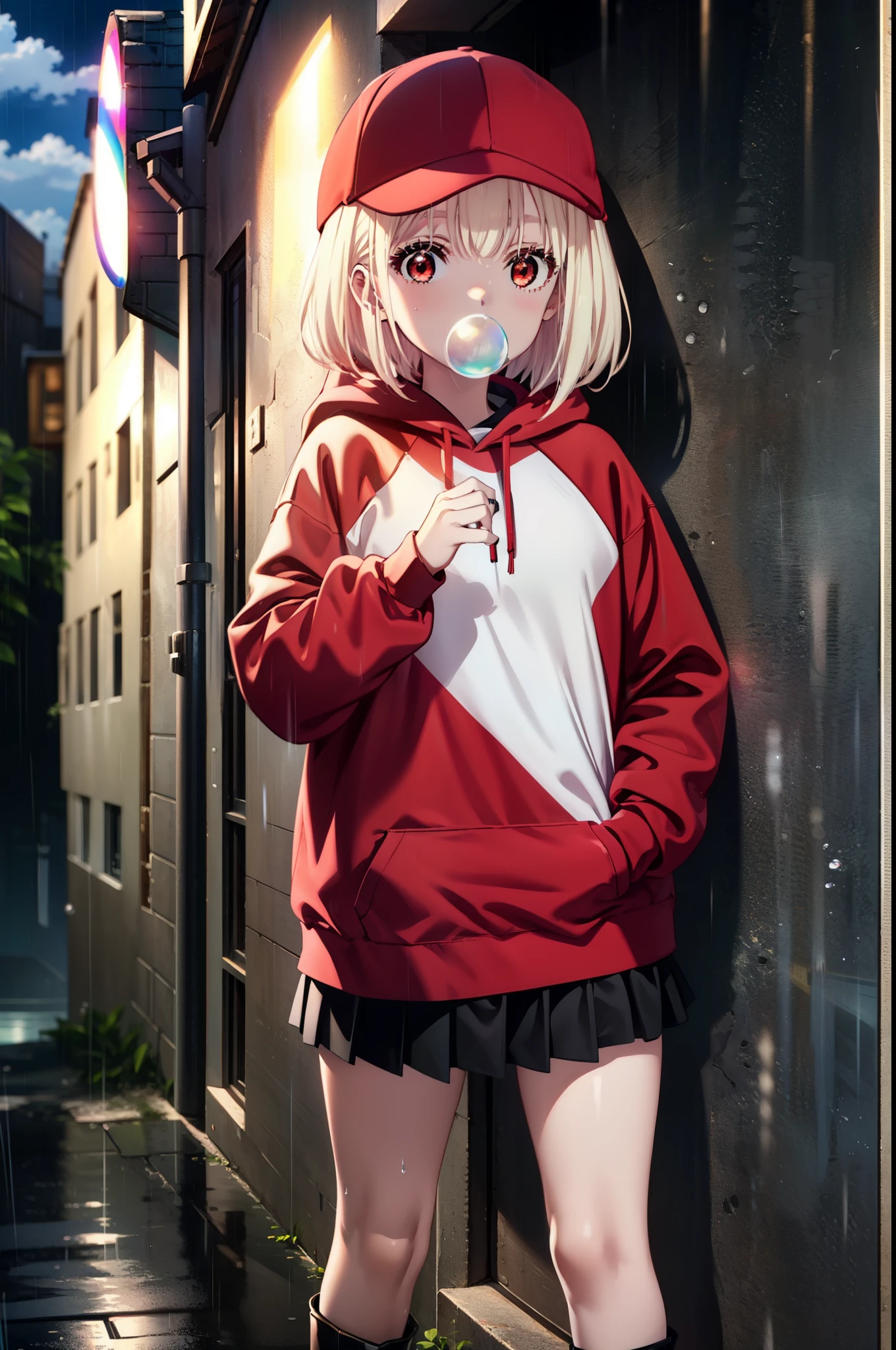 , Chisato Nishikigi, length, bangs, blonde, (Red eyes:1.5), Baseball cap,Oversized red hoodie,mini skirt,Black knee socks,short boots,Standing leaning against a wall,rain,cloudy,Hide under the roof,whole bodyがイラストに入るように,Blowing bubble gum,
break outdoors, alley,
break looking at viewer, whole body,
break (masterpiece:1.2), Highest quality, High resolution, unity 8k wallpaper, (shape:0.8), (Beautiful attention to detail:1.6), extレムely detailed face, Perfect lighting, extレムely detailed CG, (Perfect hands, Perfect Anatomy),