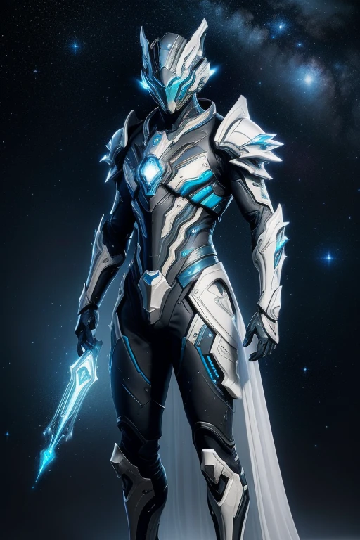 a Warframe with a futuristic and ethereal design, with an appearance that resembles a mix of space armor and stellar constellations. His armor is made up of translucent, glowing parts that appear to contain miniature galaxies., with colorful nebulae in constant motion. Your eyes shine like stars, and an aura of stardust floats around you.