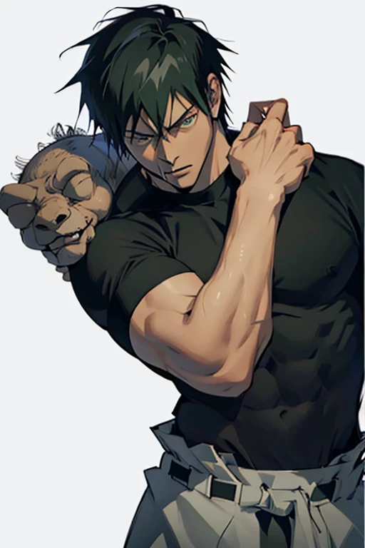 (Artwork, best quality:1.2), fushiguro toji, (1 man, Alone), muscular male, green eyes, expressionless, (Black shirt, short sleeve), pants, white background, portrait, male focus