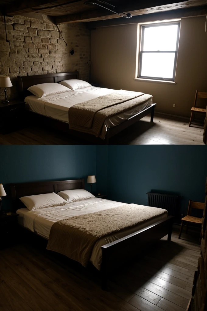 A bed in a dimly lit basement.