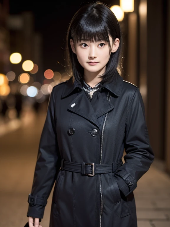 (Ultra-high resolution), (masterpiece), (Attention to detail), (high quality), (最high quality),  One Girl ,Blunt bangs, Black Hair, A woman wearing a black trench coat、Create a scene of walking through a city at night。The background is a night view of the city lights sparkling.、Make sure the shine of the coat and the feminine urban style stand out.。