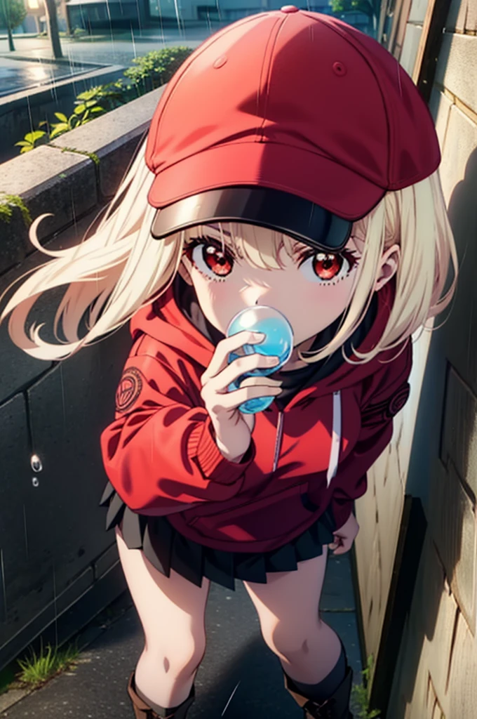 , Chisato Nishikigi, length, bangs, blonde, (Red eyes:1.5), Baseball cap,Oversized red hoodie,mini skirt,Black knee socks,short boots,Standing leaning against a wall,rain,cloudy,Hide under the roof,whole bodyがイラストに入るように,Blowing bubble gum,
break outdoors, alley,
break looking at viewer, whole body,
break (masterpiece:1.2), Highest quality, High resolution, unity 8k wallpaper, (shape:0.8), (Beautiful attention to detail:1.6), extレムely detailed face, Perfect lighting, extレムely detailed CG, (Perfect hands, Perfect Anatomy),