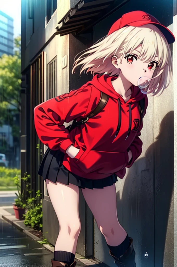 , Chisato Nishikigi, length, bangs, blonde, (Red eyes:1.5), Baseball cap,Oversized red hoodie,mini skirt,Black knee socks,short boots,Standing leaning against a wall,rain,cloudy,Hide under the roof,whole bodyがイラストに入るように,Blowing bubble gum,
break outdoors, alley,
break looking at viewer, whole body,
break (masterpiece:1.2), Highest quality, High resolution, unity 8k wallpaper, (shape:0.8), (Beautiful attention to detail:1.6), extレムely detailed face, Perfect lighting, extレムely detailed CG, (Perfect hands, Perfect Anatomy),