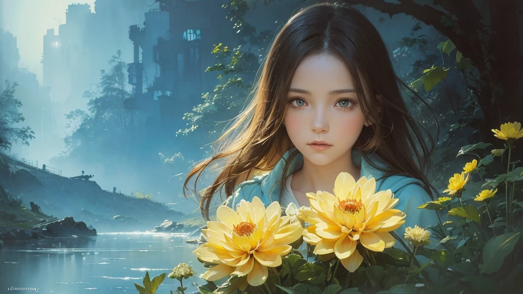 32k, Masterpiece, Highest quality, One girl, Brown Hair, Detailed eyes, flower,Dahlia, Light blue and yellow style,A dreamy, romantic piece,Pale yellow, Mysterious Leaves,A playful arrangement,Fantasy,High Contrast,Ink strokes,explosion,Exposure, Impression of light blue and yellow tones,Abstract,((Watercolours by John Berkey and Jeremy Mann )) Brush strokes,Negative Space, Tyndall effect,