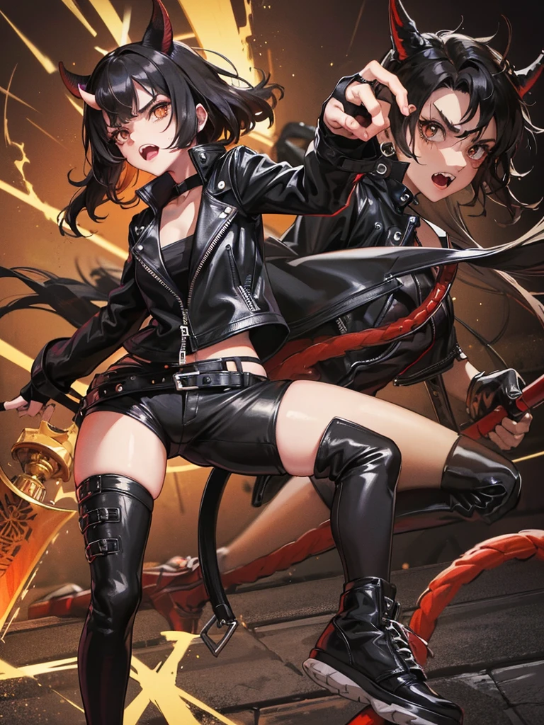 a girl, small horns of black hair, brown eyes, teeth were sharp as saws, wearing a black leather jacket with strange black symbols,Black fingerless gloves ,long black leather pants, sneakers black, black w tail, angry.
