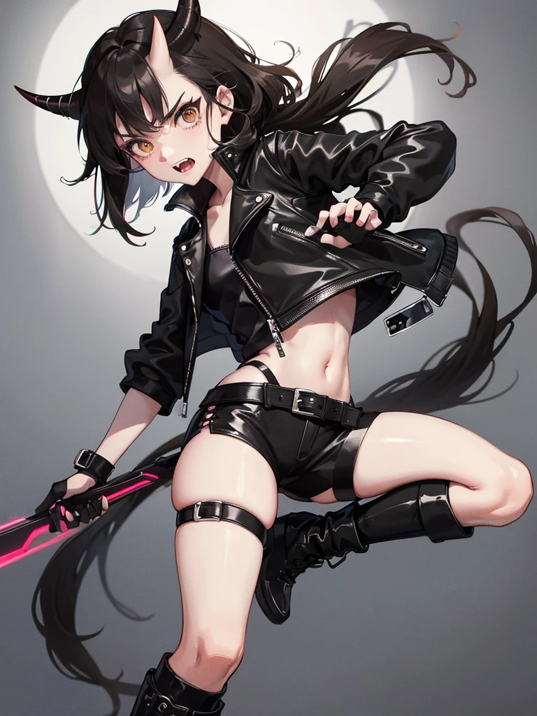 a girl, small horns of black hair, brown eyes, teeth were sharp as saws, wearing a black leather jacket with strange black symbols,Black fingerless gloves ,long black leather pants, sneakers black, black w tail, angry.
