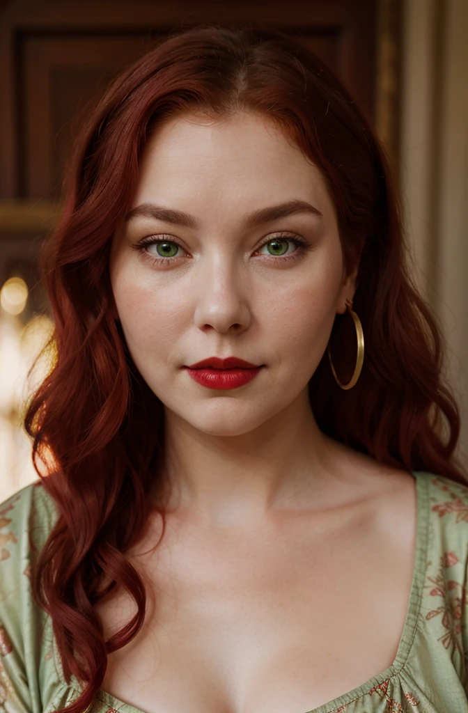 Beautiful overweight 17th century noble non-Oriental woman LONG, RED WELL CURLED HAIR WITH GREEN EYES and FULL, RED LIPS, serious expression, wearing a pink dress with gold flower details FULL BODY has a pet fox