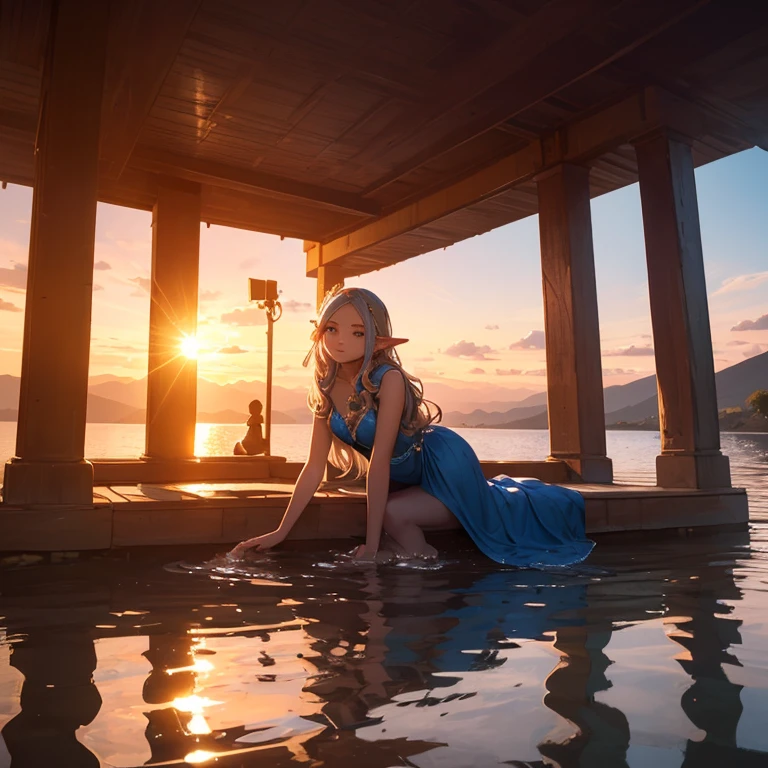 a beautiful young elf, dressed in an elegant bright multicolored dress, long and pompous. She is sitting on the shore of a magical lake with crystal clear water.... his feet are in the water. With the backdrop of a beautiful sunset that highlights the figure of the elf and her beautiful face.., You can also see an elven palace that appears to be made of glass under the reflection of sunlight..., the image evokes a couple, tranquility and beauty, hyperdetailed, light suit, real lights and shadows.