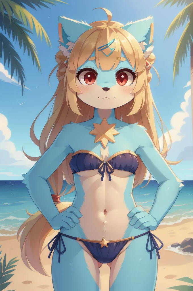 score_9,score_8_up,score_7_up, source_cartoon, source_furry, Furry girl, dog, wavy bangs, long wavy ponytail, blonde hair, red eyes, small breasts, detailed body fur, ((star hairpin, dark blue strapless fringed bandeau bikini, fringed bikini bottom)), blue feathered wings, masterpiece, looking at you, two tone body fur, turquoise body fur, clear turquoise body fur, detailed face, big eyebrows, detailed eyes, detailed body, detailed hands, glistering body, shiny body, skinny, :3, floppy dog ears, beach, clear sky, hands on hips,