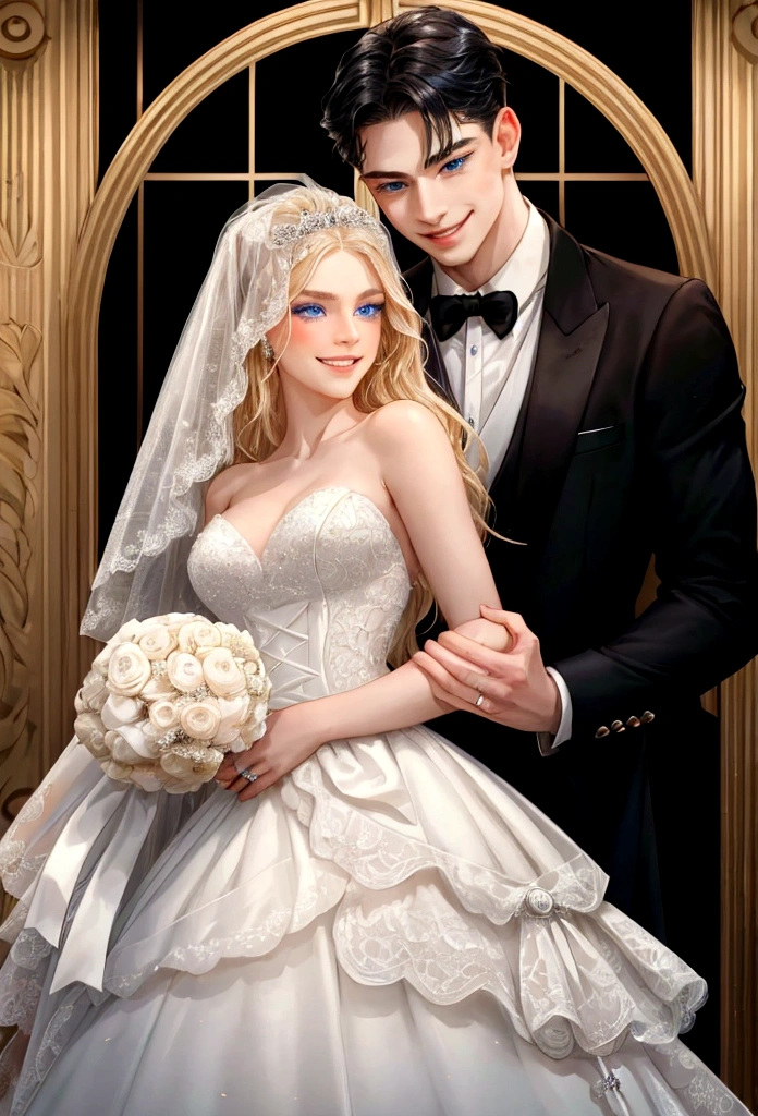 {(one man and one woman) (pose: the man is holding the woman's chin and grinning) (appearance: man with blonde hair and bright blue eyes. woman with black hair and black eyes) (attiribute: women wear wedding dresses and men wear black wedding suits) (background: luxury wedding)