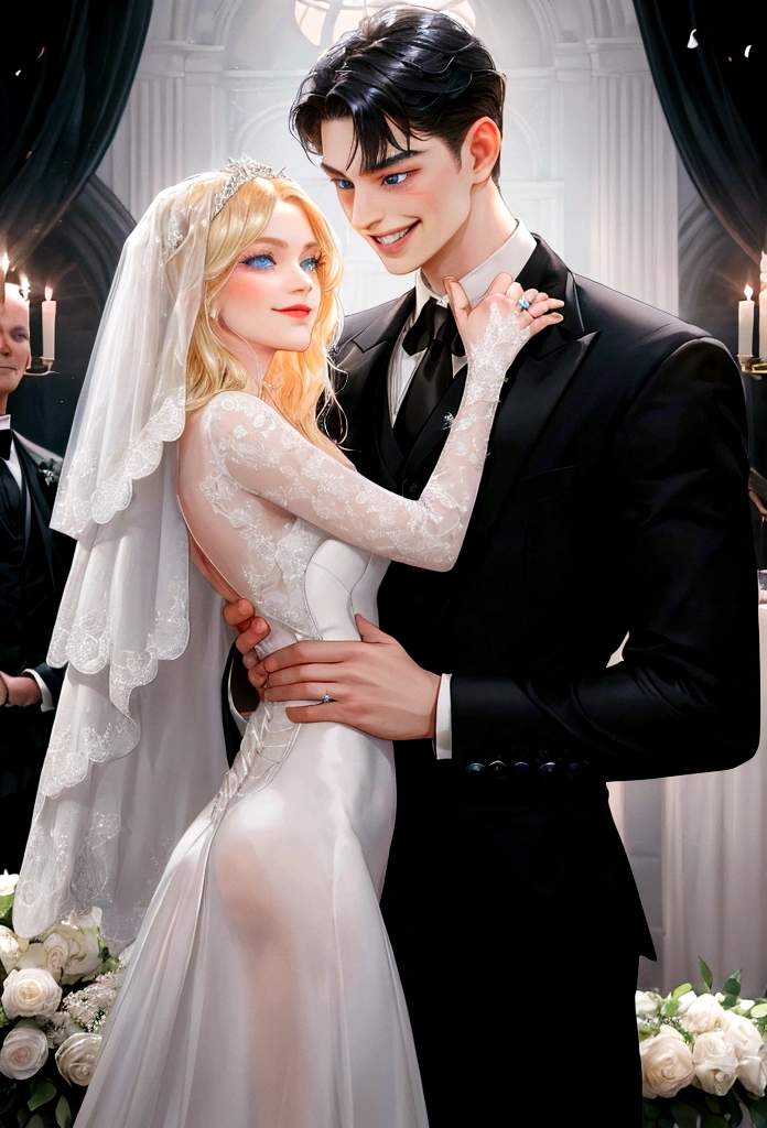 {(one man and one woman) (pose: the man is holding the woman's chin and grinning) (appearance: man with blonde hair and bright blue eyes. woman with black hair and black eyes) (attiribute: women wear wedding dresses and men wear black wedding suits) (background: luxury wedding)