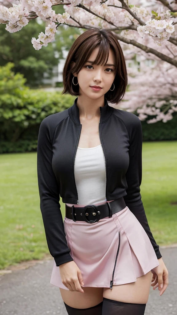(masterpiece:1.2, Highest quality), (Realistic, photoRealistic:1.4), Beautiful illustrations, (Natural Side Lighting, Cinema Lighting),
View your viewers, Cowboy Shot, 1 Girl, Japanese, Hot Girls, Perfect Face, Cute and symmetrical face, Shiny skin, Baby Face,
(short hair, Messy Hair:1.2, Brown Hair), Hair on one eye:1.2, Purple eyes, (Middle chest, Captivating thighs, Big Ass), Earrings,
Beautiful Hair, Beautiful Face, Beautiful attention to detail, Beautiful clavicle, Beautiful body, Beautiful breasts, Beautiful thighs, Beautiful feet, Beautiful fingers,
((abdomen, Asymmetrical legwear, Shocking pink zip-up shirt, belt, Black mini skirt, Black thigh-high socks)), Flower Hair Ornaments, jewelry,
(Beautiful views), evening, garden, Cherry Blossom, walking, (Cute smile, Upward glance),