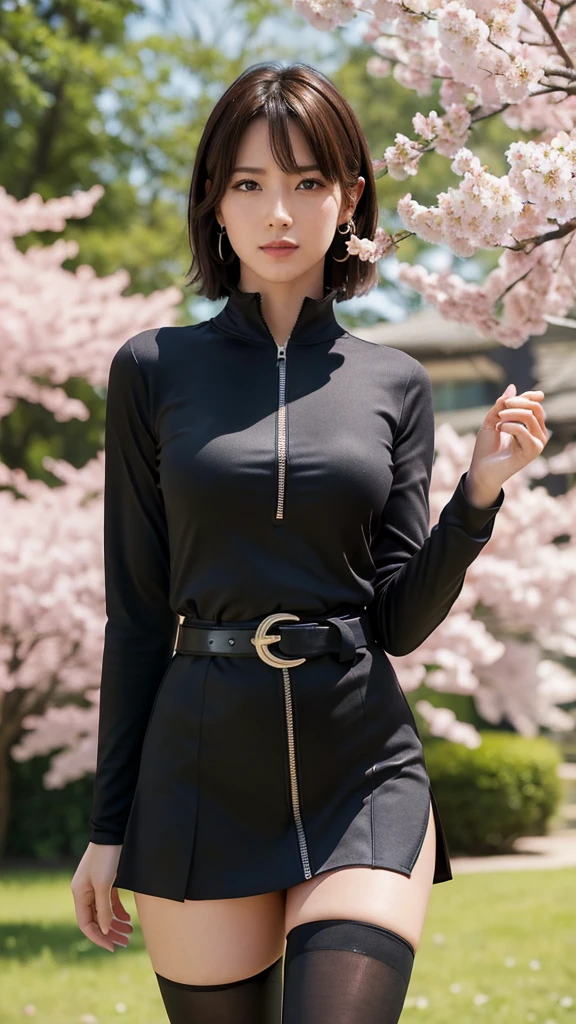 leather-clad woman,dark-haired beauty,confident pose,seductive gaze,mysterious expression,captivating eyes,fierce makeup,fitted leather jacket and pants,tall leather boots,captivating detailed lips,edgy fashion style,urban setting,nighttime ambiance,gritty atmosphere,steely determination,high-quality rendering,sharp focus,rich colors,dramatic lighting