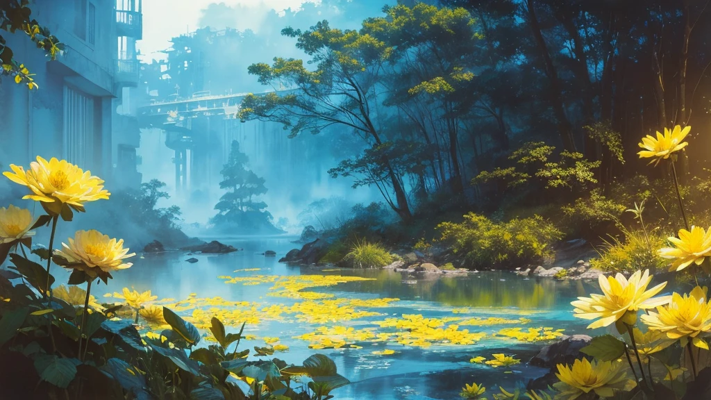 32k, Masterpiece, Highest quality, One girl, Brown Hair, Detailed eyes, flower,Dahlia, Light blue and yellow style,A dreamy, romantic piece,Pale yellow, Mysterious Leaves,A playful arrangement,Fantasy,High Contrast,Ink strokes,explosion,Exposure, Impression of light blue and yellow tones,Abstract,((Watercolours by John Berkey and Jeremy Mann )) Brush strokes,Negative Space, Tyndall effect,