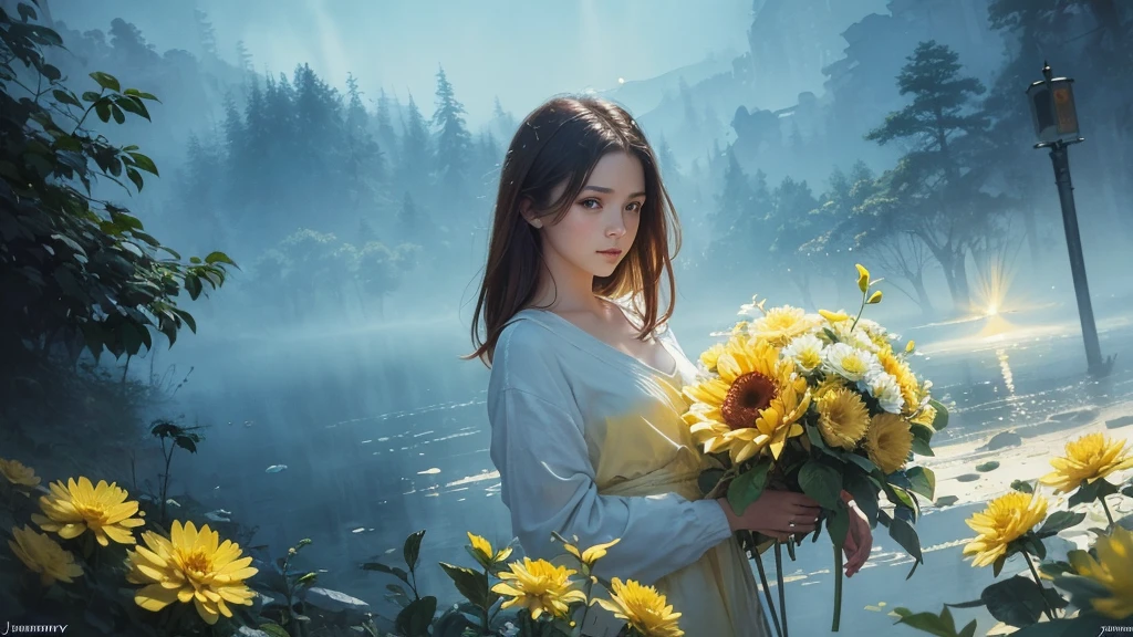 32k, Masterpiece, Highest quality, One girl, Brown Hair, Detailed eyes, flower,Dahlia, Light blue and yellow style,A dreamy, romantic piece,Pale yellow, Mysterious Leaves,A playful arrangement,Fantasy,High Contrast,Ink strokes,explosion,Exposure, Impression of light blue and yellow tones,Abstract,((Watercolours by John Berkey and Jeremy Mann )) Brush strokes,Negative Space, Tyndall effect,