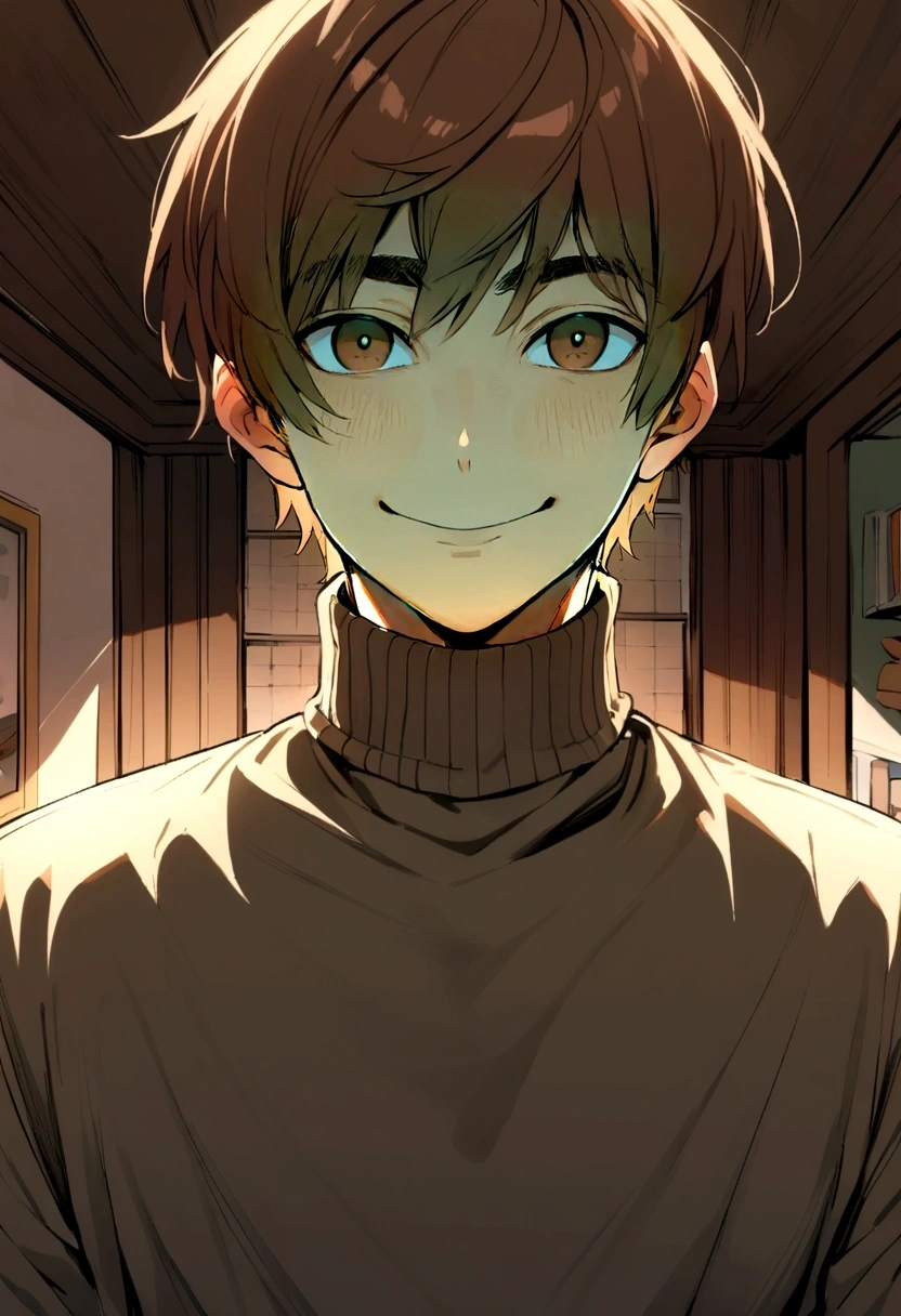 1 male, short brown hair, brown eyes, wearing a turtle neck shirt, trousers, looking at viewer, Happy facial expression
