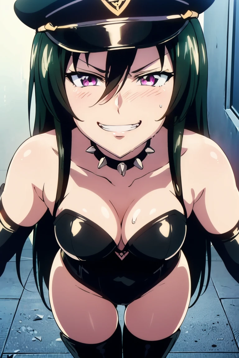 (((grinning lasciviously))), seductive anime girl, (((nefarious smirk))), [[[[grinning evily]]]], beautiful, masterpiece, ultra detailed, extremely detailed, ultra high res, 8k, beautiful detailed face, anime screencap, heart shaped face woman, (black hair:1.2), long hair, hair between eyes, large breasts, fearless face, sharp face, slant eyes, cat eyes, 170cm tall, (((adult))), perfect proportion, (((black high-leg leotard))), (((dare shoulder))), cleavage, (((thigh boots))), (((spiked choker))), (((military cap))), anime style, ultra detailed beautiful face and eyes, front view, raw phot, incredibly absurdres, Beautiful portrait of cute anime girls, super fine illustration, full-hd, hdr, best aesthetic, distinct, exquisite, masterwork, by famous artist, highers, (((perfect anatomy))), mocking, (((rape face))), (((evil grin))), intense eyes, sadistic, gleaming skin, oil skin, slut face, (((full-face blush))), smirking, mischievous grin, furrowed mouth, both legs, pouty lips, downturned corners, rosy hue, grin widely, cheeky smirk, (((bad-tempered glare))), gloating, crazy smile, scary face, cruel smile, fang, connected teeth,, (((elbow gloves))), (((big connected teeth)), glare, grimace, smirk, (((scowling face))), smile broadly, symmetrical eyes, even eyes, perfect eyes, (((squinting eyes))), deep detailed eyes, shiny clothes, 1girl, solo, smug, smile grimly, (((dimpled smile))), pink eyes, (((laugh))), (((pleasure face))), (((brutality face))), (((scary face))), (((empty eyes))), anime best girl, [[[[grinning evily]]]], anime moe artstyle, collarbone, dare collarbone, perfect proportion, perfect anatomy, perfect body, perfect legs, holding whip,