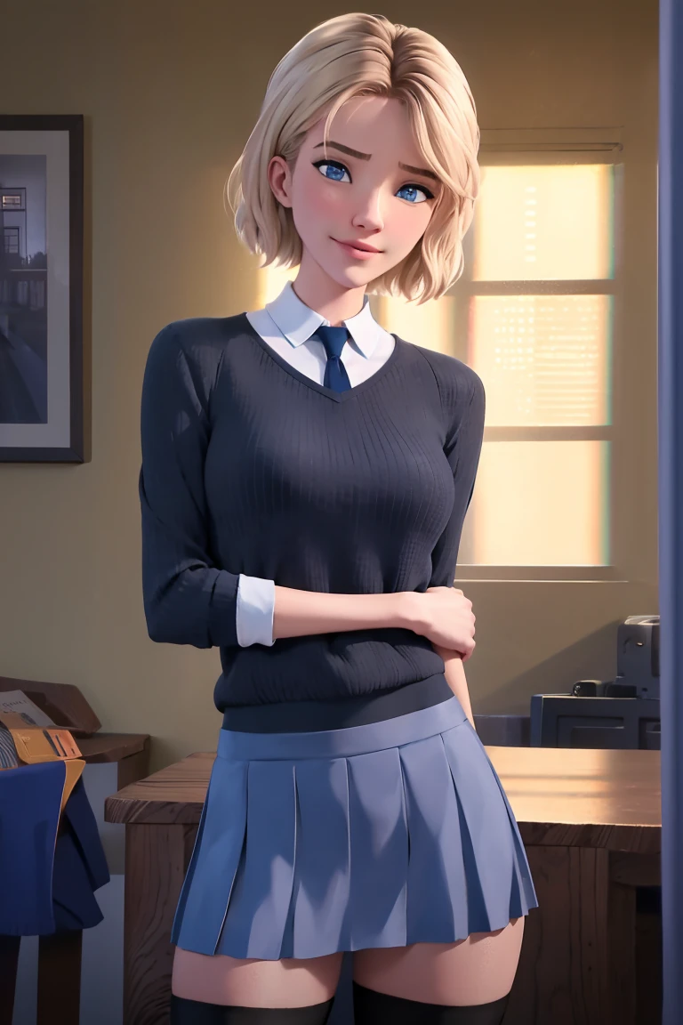 (Best Quality, Masterpiece),sexy, erotic, 1girl, 18 years old, Contempt, pride, short hair, ((blue eyes)), looking at viewer, looking at viewer, warm light, ((( panties))), (small breasts), ((skirtlift)), big butt, ((smirk)), ((blue skirt)), (dark gray sweater), ((tights)), white shirt collar, (((thick thighs))), ((graving own ass)), smile