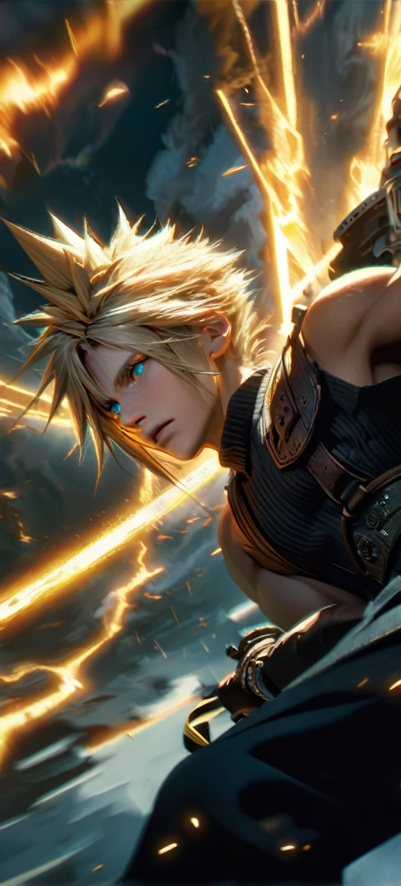 Symetrical,absurdres, highres, ultra detailed, HDR, masterpiece, extremely detailed face and eyes, Cloud Strife,final fantasy 7, yellow hair , , solo, man, handsome, ,, ,Epic fight scene, yellow lightning effect, glowing glitters, symetrical ,