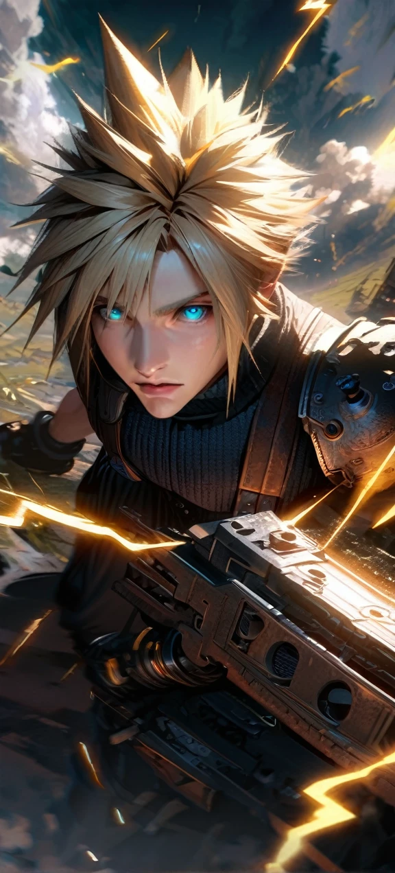 Symetrical,absurdres, highres, ultra detailed, HDR, masterpiece, extremely detailed face and eyes, Cloud Strife,final fantasy 7, yellow hair , , solo, man, handsome, ,, ,Epic fight scene, yellow lightning effect, glowing glitters, symetrical ,