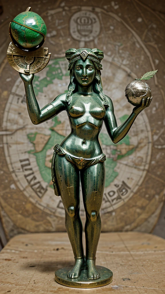 the sculpture of the goddess of justice Temis, holding the globe with a map of Brazil in her right hand and a Cannabis leaf in her other left hand