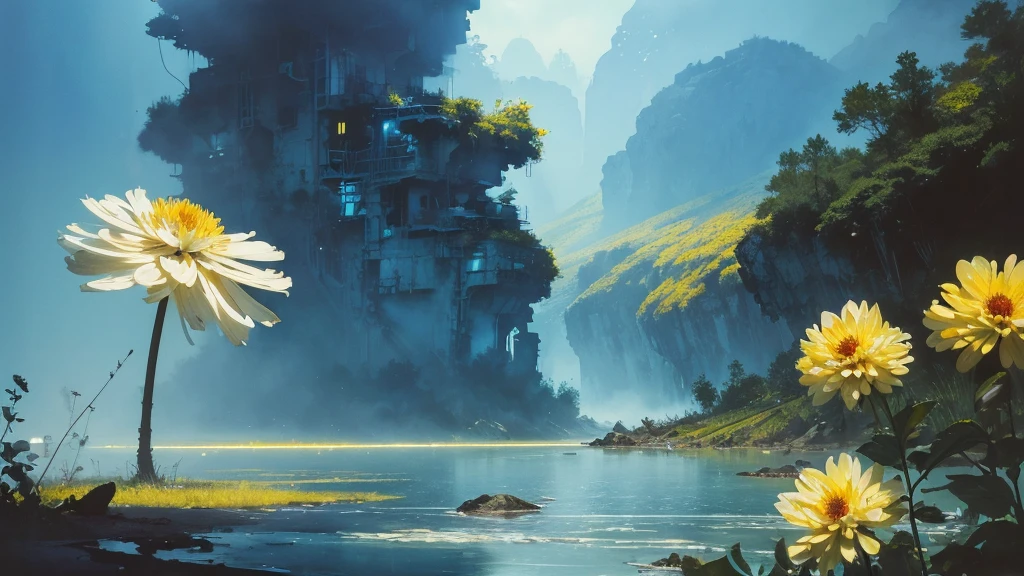32k, Masterpiece, Highest quality, One girl, Brown Hair, Detailed eyes, flower,Dahlia, Light blue and yellow style,A dreamy, romantic piece,Pale yellow, Mysterious Leaves,A playful arrangement,Fantasy,High Contrast,Ink strokes,explosion,Exposure, Impression of light blue and yellow tones,Abstract,((Watercolours by John Berkey and Jeremy Mann )) Brush strokes,Negative Space, Tyndall effect,
